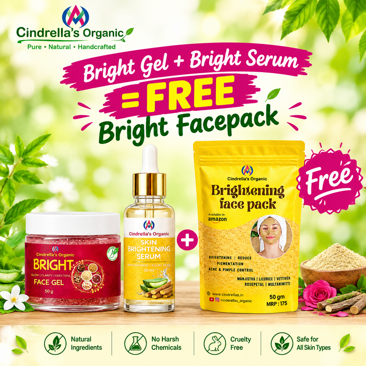 Brightening Skin Care Combo | Brightening Face Gel + Brightening Serum + Brightening Face Pack